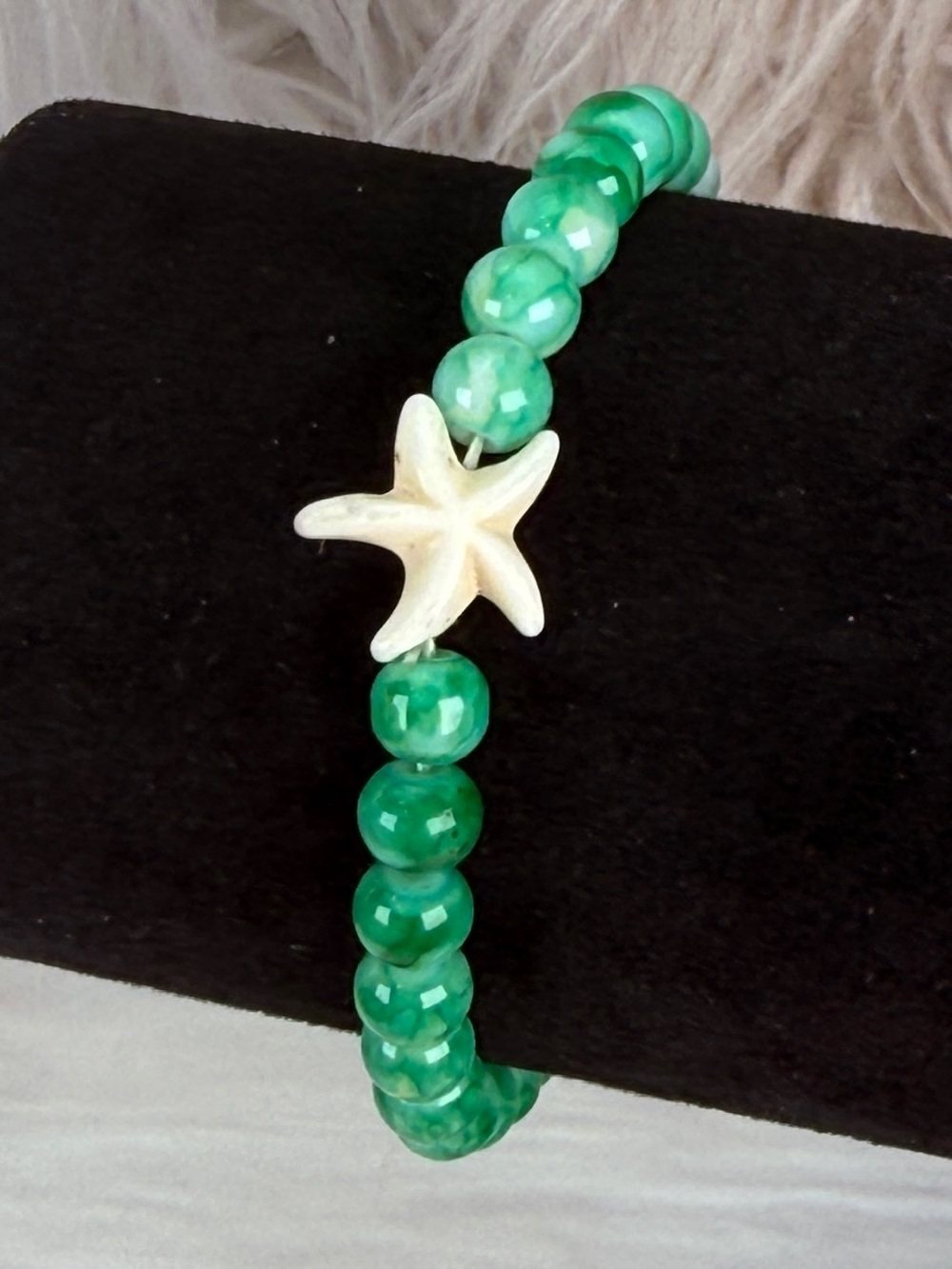 Green Marbled Bead Starfish Stretch Bracelet Coastal Boho